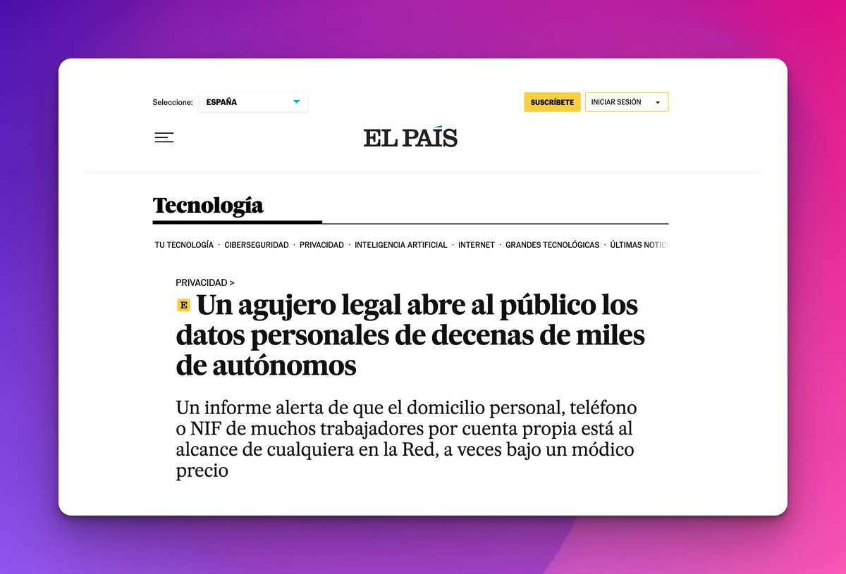 En febrero encontré un agujero en un portal público. Por él pude acceder a los DNI, domicilios y teléfonos no publicados de cientos de autónomos. Avisé inmediatamente al organismo responsable.

Once meses después el agujero sigue ahí.

Hoy me envían esta noticia… 👇🤷‍♂️