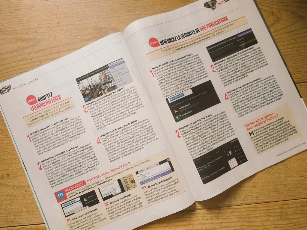 #CultureNum
#RessNum 
#reseauxsociaux 
Dans le n° 989 de @01netMag, dossier 'Tweetez sans #Twitter' en passant sur #Mastodon
▶️ premiers pas, personnalisation...
▶️ suivi de comptes, de sujets...
▶️ poueter sur #smartphone
▶️ sécurité, confidentialité 
▶️ ...