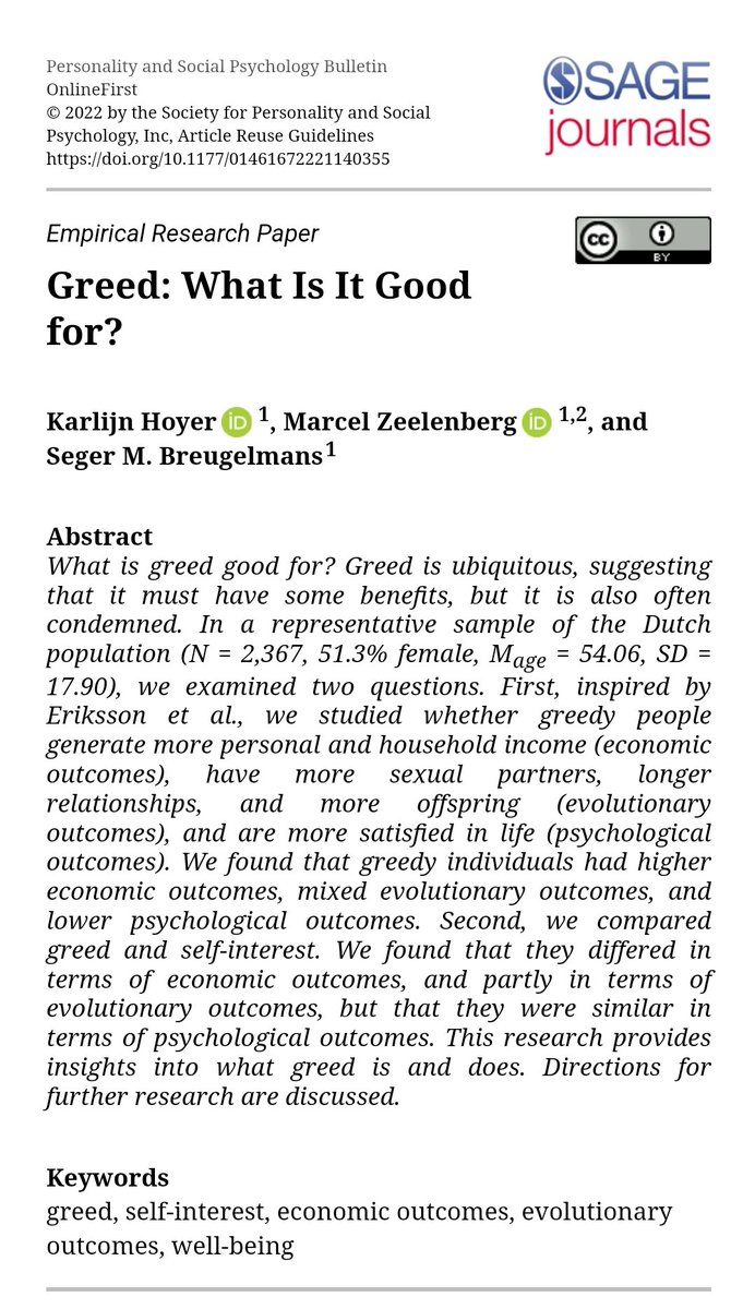 sxicex's tweet photo. งานวิจัยเกี่ยวกับความโลภ:

Greed: What is it good for?

สรุปหยาบๆ คือ:

1) ความโลภมีความสัมพันธ์ทางบวกกับรายได้

2) มีความสัมพันธ์ทางลบกับความพึงพอใจในชีวิต

แต่ไม่รู้ว่าโลภแล้วรายได้ดี หรือรายได้ดีแล้วโลภนะ

มันเป็น Correlation https://t.co/Wx5UDelHoS