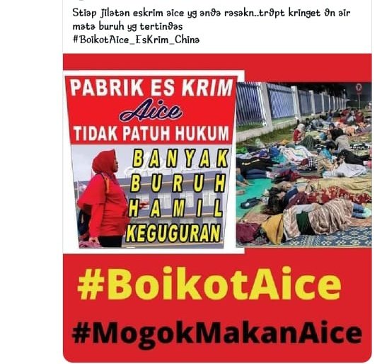 AlfianAlizka's tweet photo. Setiap jilatan eskrim aice yg anda rasakan..terdapat kringat dan air mata buruh yg tertindas..
#BoikotEsKrimAice https://t.co/BHgH5bEpeL