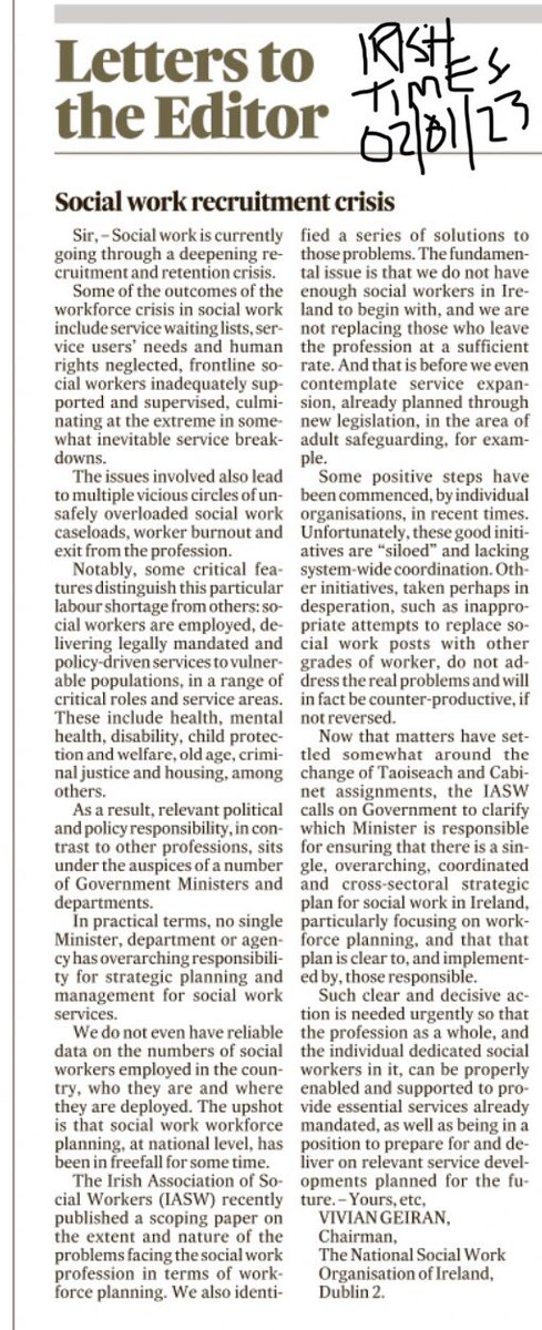 VGeiran's tweet photo. My letter in today’s ‘Irish Times’ on the recruitment and retention crisis in #SocialWork , its impact and what needs to be done to address it:
https://t.co/N93lo8Vwpo
The relevant @IASW_IRL report is available here: https://t.co/RRcTwkxh9k @roinnslainte @DonnellyStephen https://t.co/2E3c3t6Kgn