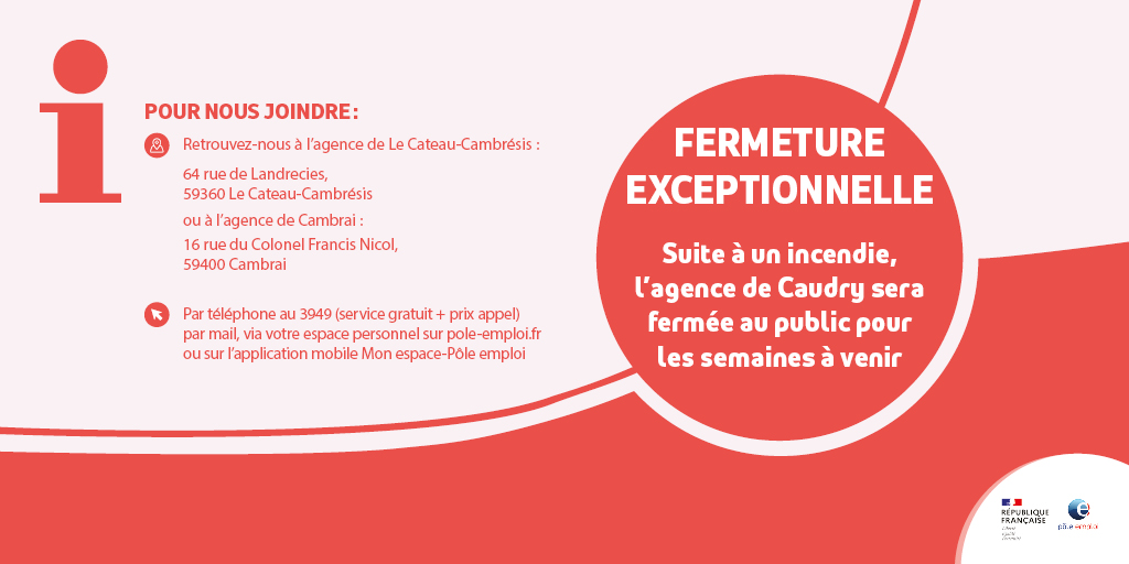 Malgré cette fermeture exceptionnelle, vos conseillers restent disponibles via votre espace personnel sur pole-emploi.fr 🤝<a href="/prefet59/">Préfecture de la région Hauts-de-France et du Nord</a> @poleemploi_HDF @FredericDanel <a href="/SeverineDelong/">Delong Severine</a> <a href="/ElsaMiquel/">Miquel Elsa</a> <a href="/KW59400/">Karine WIELEBSKI</a> <a href="/KarineSilvert/">Karine Silvert</a> <a href="/VilleDeCaudry/">Ville de Caudry</a> <a href="/CambresisEmploi/">Cambrésis Emploi</a>