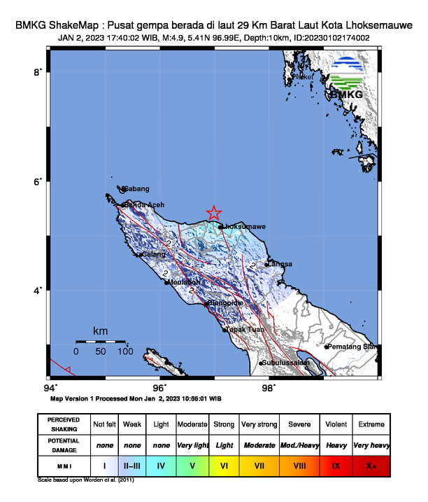 #Gempa (UPDATE) Mag:4.9, 02-Jan-23 17:40:02 WIB, Lok:5.41 LU, 96.99 BT (Pusat gempa berada di laut 29 Km Barat Laut Kota Lhoksemauwe), Kedlmn:10 Km Dirasakan (MMI) III Lhokseumawe, II - III Aceh Utara #BMKG