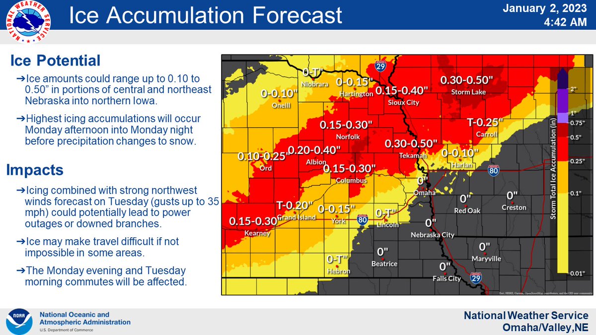 NWSOmaha's tweet photo. A significant winter storm is expected today. Ice and Winter Storm Warnings are in effect beginning at noon. Ice accumulations of 0.10-0.50" are forecast, and 7-12" of snow near the SD border. This could result in significant travel disruptions for some folks and power outages. https://t.co/NGjiSa67SX