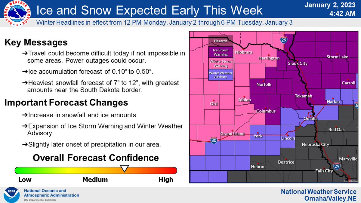 NWSOmaha's tweet photo. A significant winter storm is expected today. Ice and Winter Storm Warnings are in effect beginning at noon. Ice accumulations of 0.10-0.50" are forecast, and 7-12" of snow near the SD border. This could result in significant travel disruptions for some folks and power outages. https://t.co/NGjiSa67SX