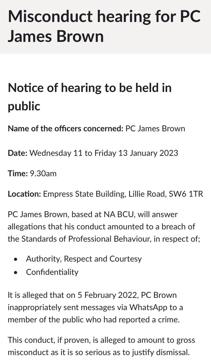 AVintenAuthor's tweet photo. Upcoming misconduct trial for a PC who ‘inappropriately sent messages via WhatsApp’ to a member of the public - will be interesting to see what those messages are… I’m guessing he’s trying to get in her pants … #metmisconduct #misogyny https://t.co/1B1WksySmI