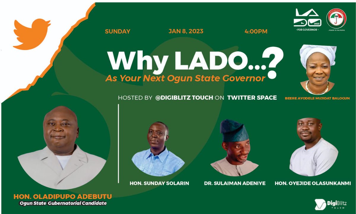 LadoAdebutu's tweet photo. Why Hon. Oladipupo Adebutu aka LADO should be the next #Governor of #Ogun State Governor?  Follow the trend with #WhyLADO.  Tap to join the #Twitter Space Conversation.   
https://t.co/RuqdVNnfiH

@B_ladimeji, @BabesAnni, @bablowAimer, @babs_hub, @BadruAbdulfatai, @Balatty35 https://t.co/kKzQWdjR0a