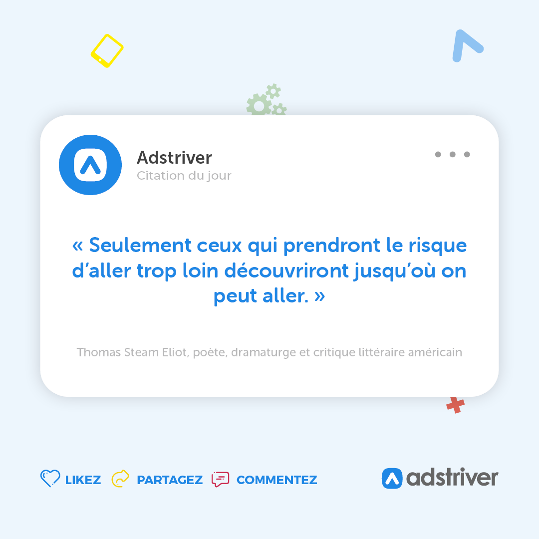 adstriver's tweet photo. « Seulement ceux qui prendront le risque d’aller trop loin découvriront jusqu’où on peut aller. »  Thomas Steam Eliot 

#objectif #but #visions #entrepreneur #entrepreneuriat #agencedecommunication #valdeurope #paris https://t.co/A1zMQAFMcN
