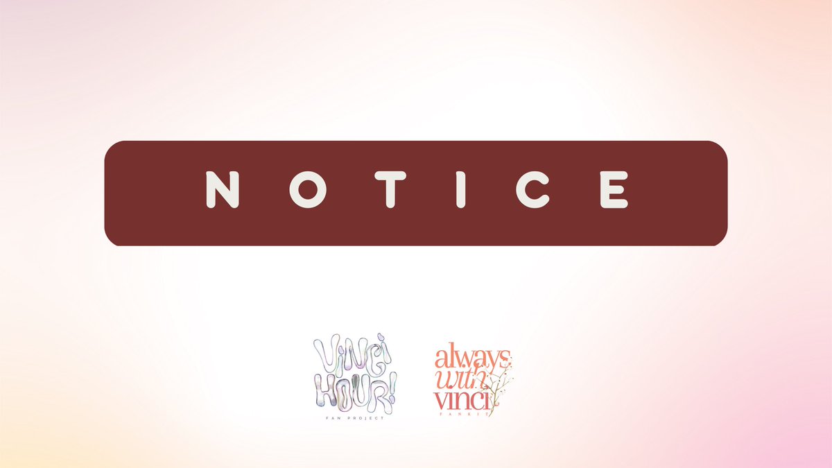 VINCIHOUR's tweet photo. [❗️] NOTICE

Due to unforeseen circumstances, the STICKERPACK will not be included in the #alwayswithvinci FANKIT anymore. We are really sorry for those who have waited for this merchandise. 

Rest assured that this inclusion will still be distributed soon (for free!). https://t.co/gTLxh91gaM