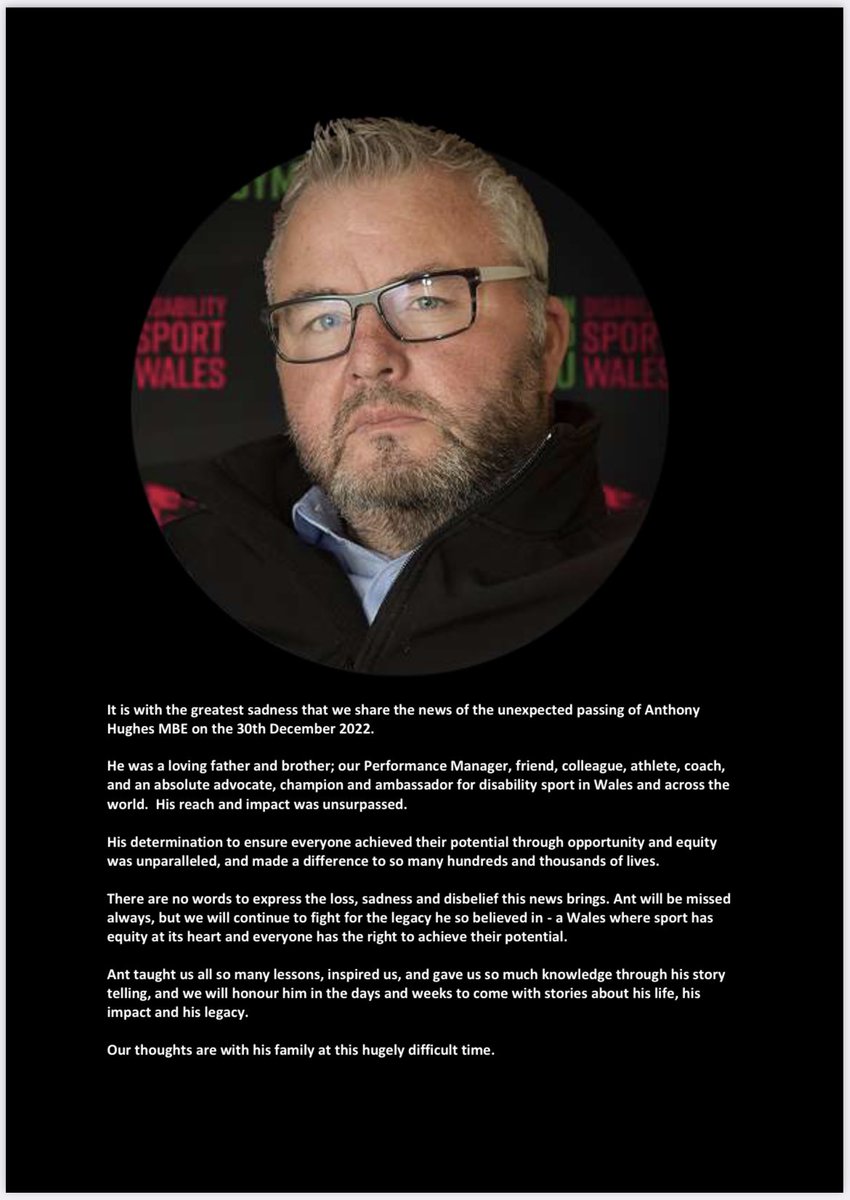 Announcement of the passing of Anthony Hughes MBE, Friday 30th December 2022