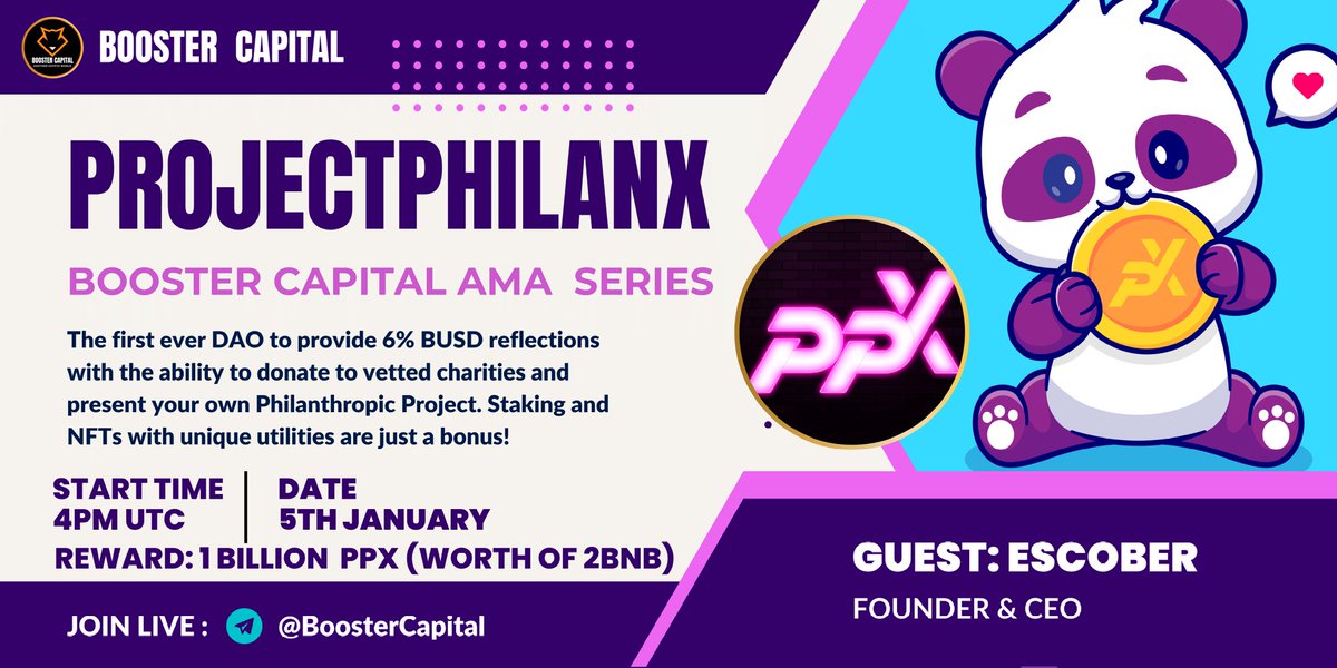 🎙️We're pleased to announce our next Text #AMA with @Projectphilanx On 5 January  2023 at 4 PM UTC.
💰Rewards Pool: 1 BILLION PPX
🏠Venue: t.me/BoosterCapital…
〽️Rules:
1⃣ Follow: <a href="/BoosterCapital1/">Booster Capital || AMA & Space🚀</a> &amp; @Projectphilanx 
2⃣ Must Like &amp; RT
3⃣ Comment Your Questions &amp; Tag 3 Friends
