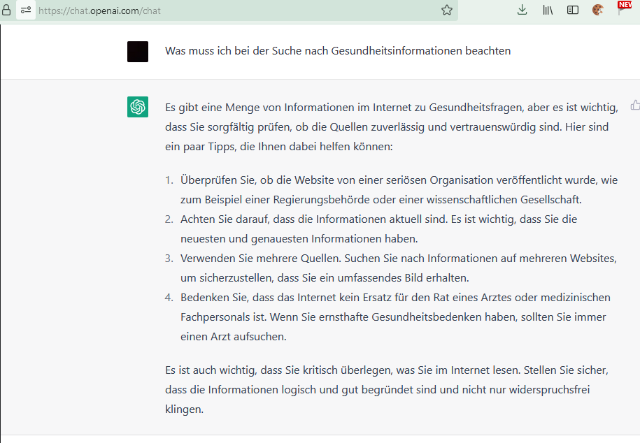 iqtgde's tweet photo. #ChatGPT gibt schon ziemlich gute Tipps zu fast allen Lebenslagen (siehe Screenshot zum Thema "Was muss ich bei der Suche nach #Gesundheitsinformationen beachten") und ist gute Ergänzung zu #DrGoogle. Dem ist eigentlich nur noch https://t.co/f1clPyTQEG als Start hinzuzufügen ;-) https://t.co/ldAvjJfFxB