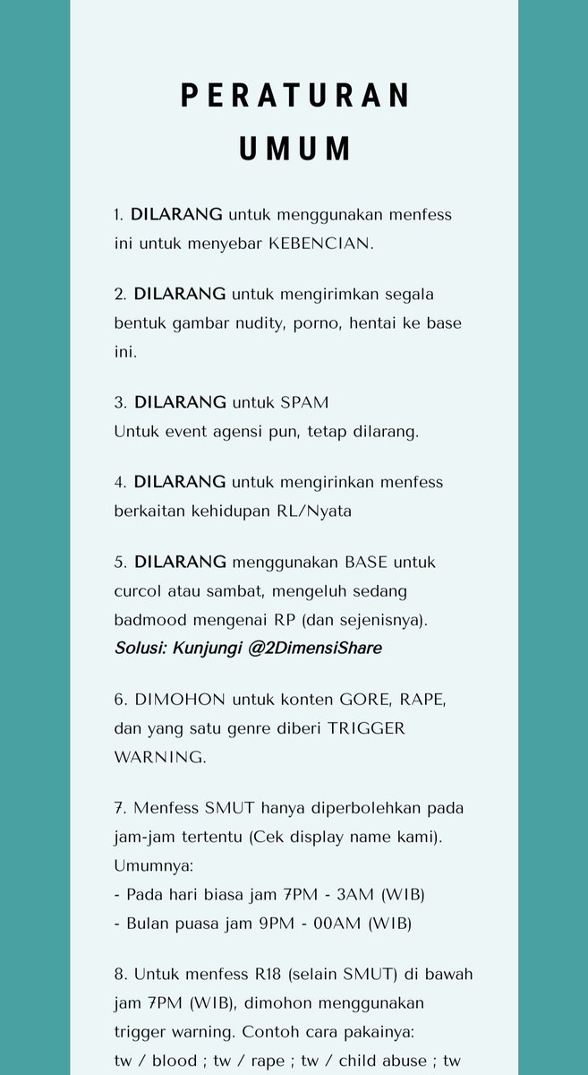 Anarrinon's tweet photo. WN.

Saya telah membaca carrd dan sanggup mematuhi peraturan. Gambar yang dilarang adalah gambar dengan unsur pon atau nudity, fanart tanpa seizin artist untuk di-repost, AI art, VTuber/Utaite/Virtual Artist, serta manga/hwa/hua dari scanlantions tidak resmi. https://t.co/KXxiHpKMqx