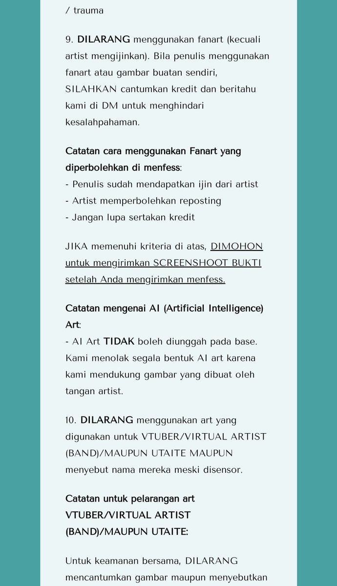 Anarrinon's tweet photo. WN.

Saya telah membaca carrd dan sanggup mematuhi peraturan. Gambar yang dilarang adalah gambar dengan unsur pon atau nudity, fanart tanpa seizin artist untuk di-repost, AI art, VTuber/Utaite/Virtual Artist, serta manga/hwa/hua dari scanlantions tidak resmi. https://t.co/KXxiHpKMqx