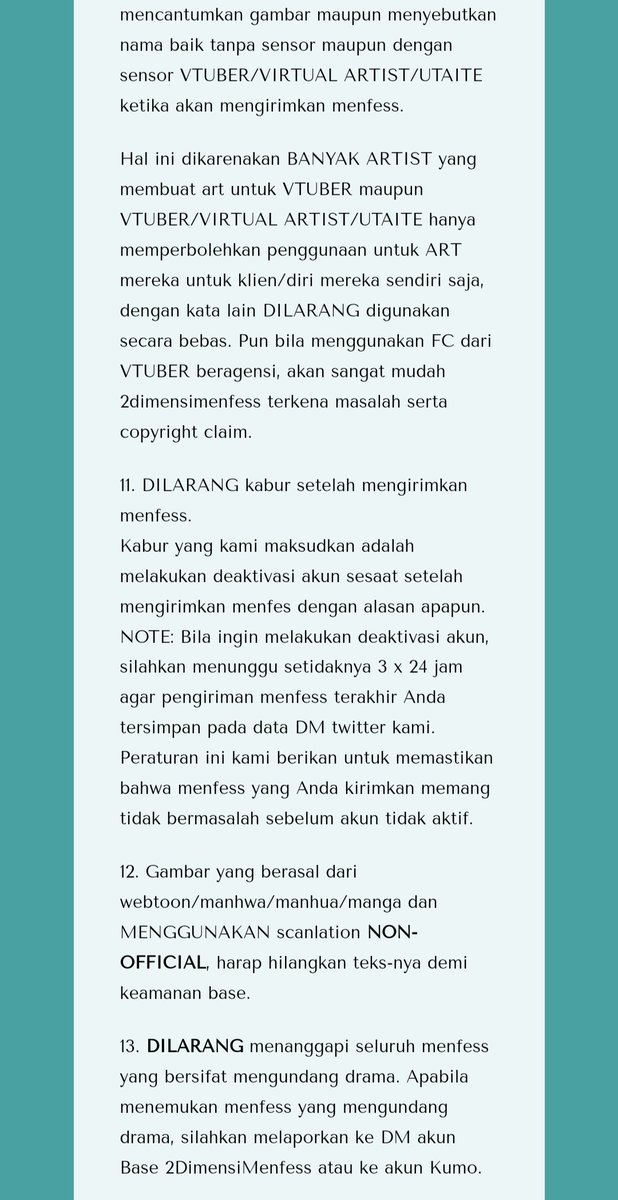 Anarrinon's tweet photo. WN.

Saya telah membaca carrd dan sanggup mematuhi peraturan. Gambar yang dilarang adalah gambar dengan unsur pon atau nudity, fanart tanpa seizin artist untuk di-repost, AI art, VTuber/Utaite/Virtual Artist, serta manga/hwa/hua dari scanlantions tidak resmi. https://t.co/KXxiHpKMqx