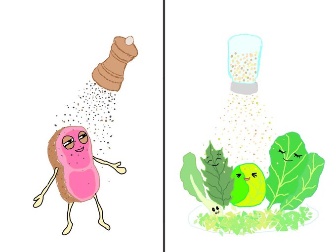 【コショウは使い分けよう】

黒コショウは「脂の消化」

白コショウは「気の発散」

をしてくれます。
なのでお肉を食べる時は「黒コショウ」、葉物野菜を食べる時は「白コショウ」です。

ご自身の体調・食べるものに合わせて使い分けていくと良いですよ

#漢方イラスト
#漢方薬局太陽堂