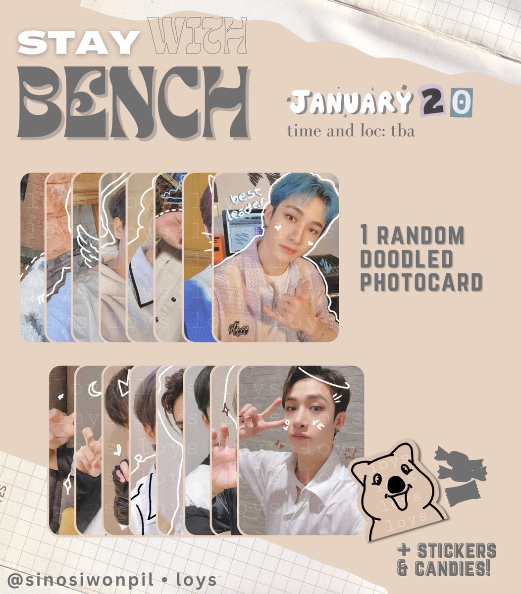 kwonsungie's tweet photo. Stray Kids x Bench Fanmeet — FREEBIES

1 random photocard
stickers
candies!!
++ random lixdesal (limited!)

• like &amp; rt
• time and loc: tba
• 1:1 only

see you all on jan 20 <33

#StayWithBench #BENCHxStrayKids https://t.co/ho2LcDNQGr