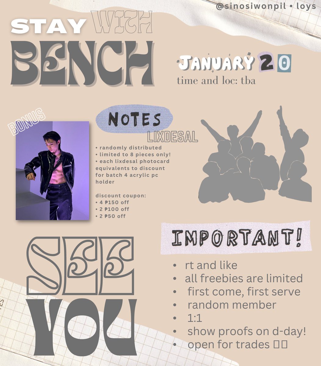 kwonsungie's tweet photo. Stray Kids x Bench Fanmeet — FREEBIES

1 random photocard
stickers
candies!!
++ random lixdesal (limited!)

• like &amp; rt
• time and loc: tba
• 1:1 only

see you all on jan 20 <33

#StayWithBench #BENCHxStrayKids https://t.co/ho2LcDNQGr