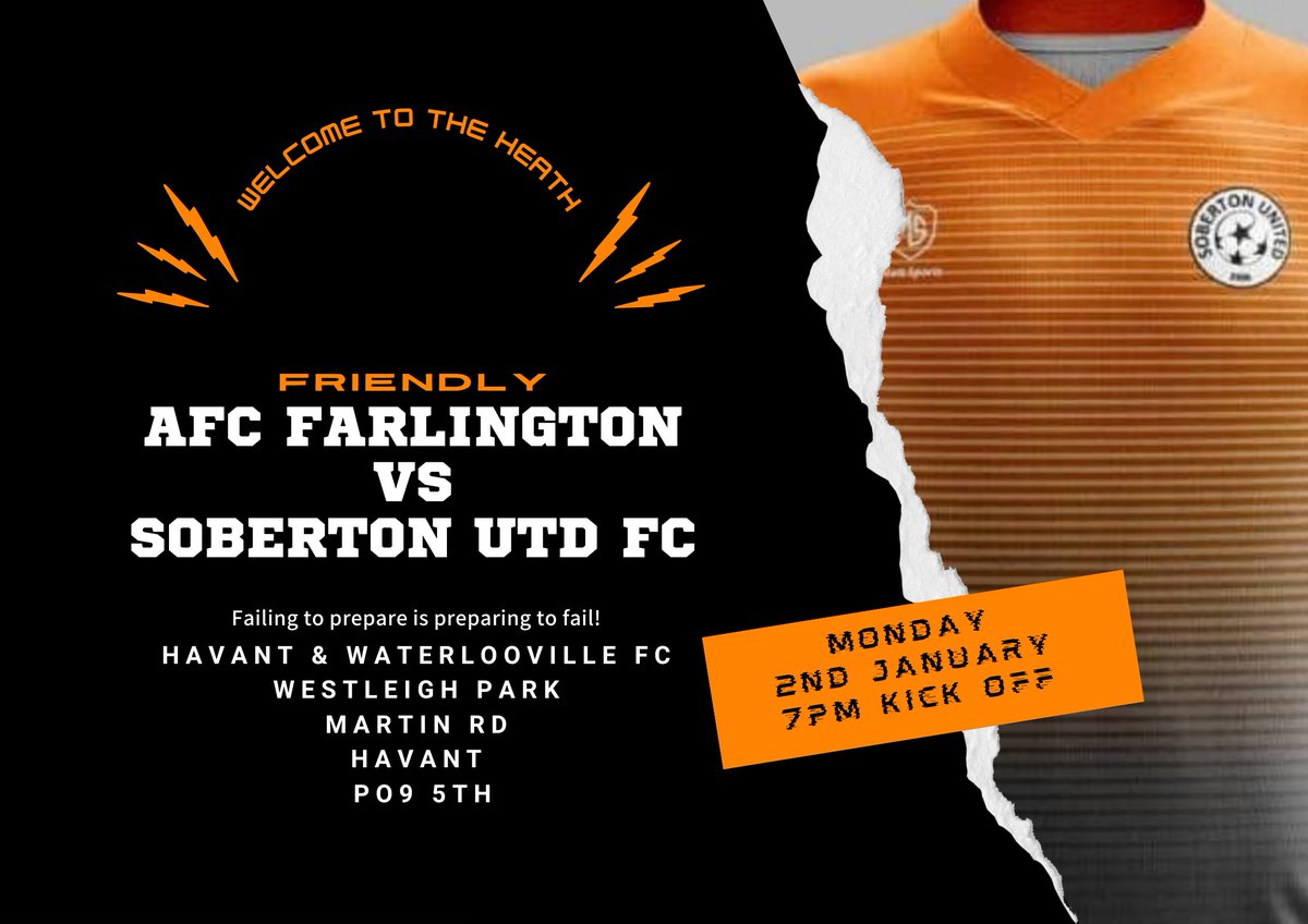 Soberton Utd fc (@sobertonutdfc) on Twitter photo Desperate for a football fix? Why not head down to Westleigh Park tonight to watch our friendly vs AFC Farlington at 7pm.
We've not played since November so we might play like the Christmas Turkeys we ate over the festive period! 🤣
<a href="/Pompey_Football/">Portsmouth Football</a> <a href="/portsmouthsport/">Portsmouth Sport</a> Desperate for a football fix? Why not head down to Westleigh Park tonight to watch our friendly vs AFC Farlington at 7pm.
We've not played since November so we might play like the Christmas Turkeys we ate over the festive period! 🤣
<a href="/Pompey_Football/">Portsmouth Football</a> <a href="/portsmouthsport/">Portsmouth Sport</a>