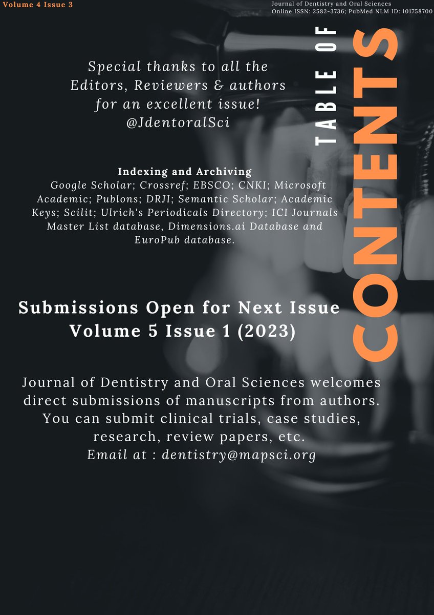 Happy New Year 2023!
We are presenting a table of contents of the recently released Issue: Volume 4 Issue 4
All articles are free to access (Open Access) via following link:
👇
maplespub.com/journal/journa…
Editor-In-Chief- Prof. Dr. Liviu Steier
📧- dentistry@mapsci.org

#HappyNewYear