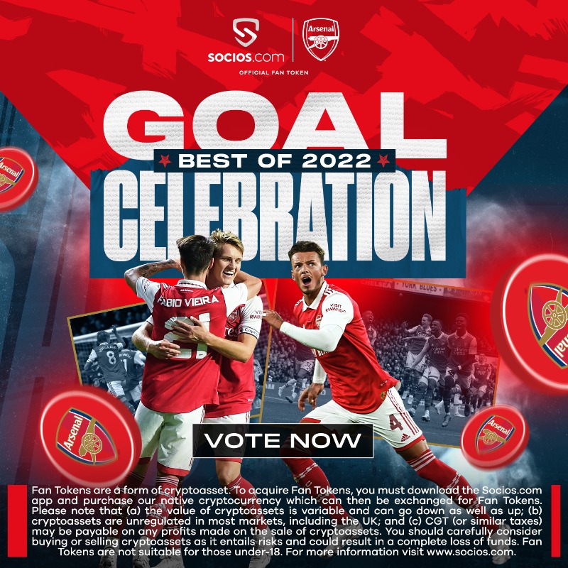 Arsenal's tweet photo. #ad ⚽️ 78 goals in 2022 and here's to many more in 2023!

🕺 Vote for your favourite goal celebration with @Socios 

📲 Vote on the app 👇