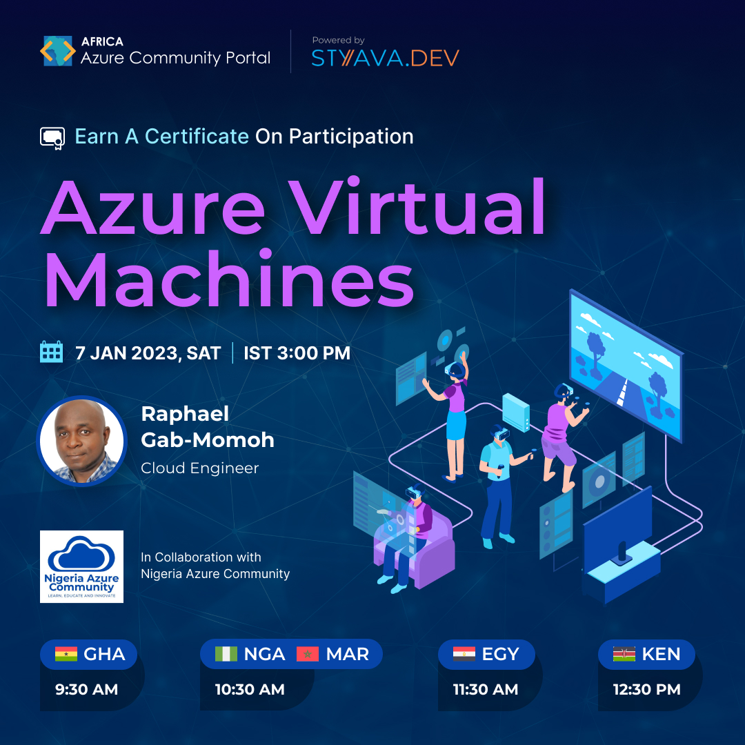 StyavaD's tweet photo. Join the session where, Rephael will be explaining about Azure VM and how you can create and manage it.

Register for the session ➡️ https://t.co/9RbPTA9vSB

📅 07th Jan 2023
#Azure #VirtualMachines #NigeriaMicrosoftAzureMeetupGroup #stayavadev #freeevent https://t.co/DjHbKicQOa