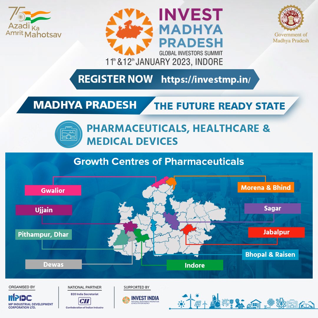 MPIDC's tweet image. Madhya Pradesh - Major Stakeholder in the Nation&apos;s Healthcare.

Show your intention to invest, Click On: investmp.in/gis/public/int…

Register Now: investmp.in

#AatmanirbharMadhyaPradesh
#InvestMP
#InvestMPGIS2023
#InvestIndia
#FutureReadyMadhyaPradesh