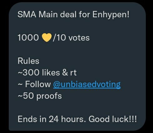 dimplenihoon's tweet photo. SMA Main deal for #ENHYPEN 

1000💛/ 10 votes 

Rules
~ 300 likes &amp; rt 
~ Follow @unbiasedvoting
~ 50 proofs 

Ends in 24 hours! https://t.co/WTZRyLZxiU