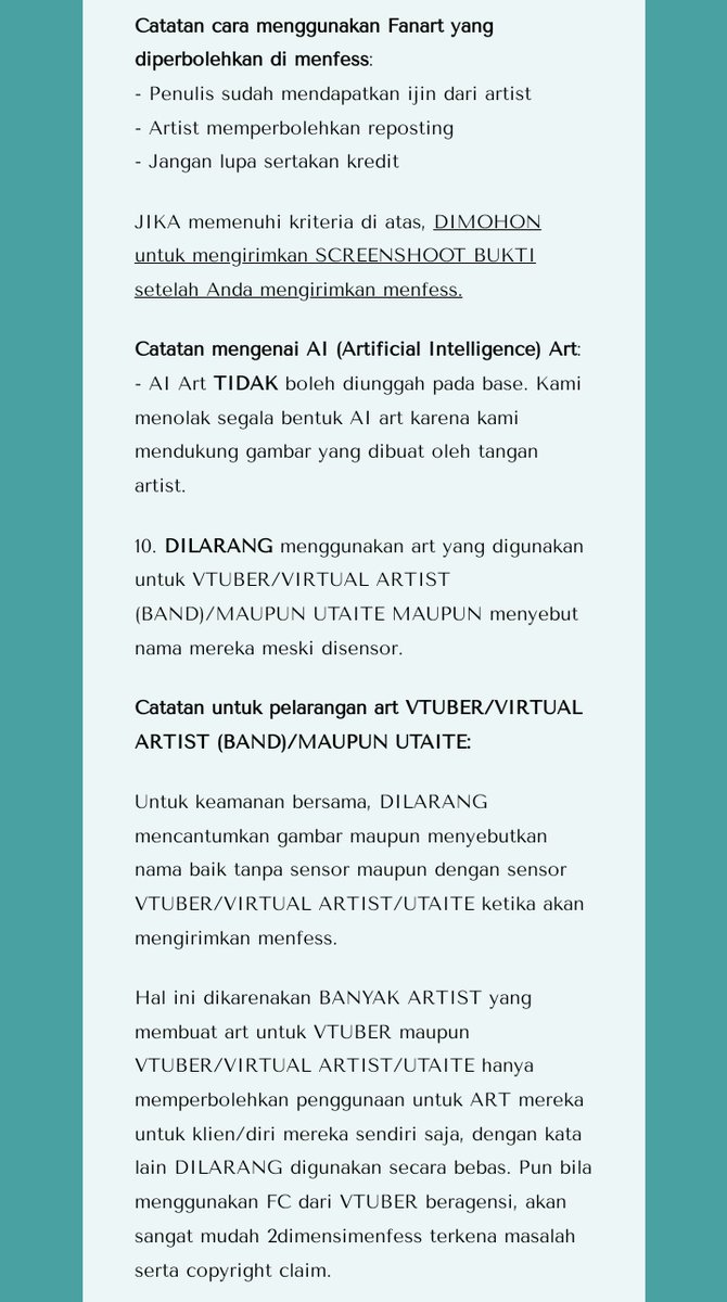sedarinai's tweet photo. &amp;&amp;. 

1. Saya selaku penulis Tarangga sudah membaca carrd dan sanggup mematuhi peraturan.
2. Adapun gambar yang tidak boleh diunggah yaitu gambar berunsur nudity, segala art untuk vtuber, virtual artist, utaite, AI, dan juga fanart yang belum mendapat izin dari artist ybs. https://t.co/MWu0tUgsUw