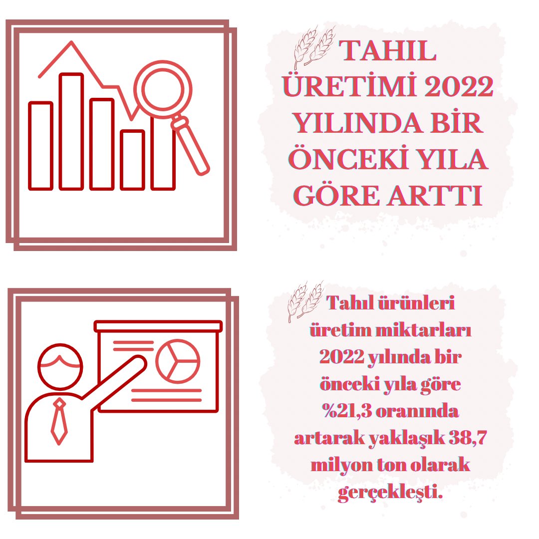 Promaksgrain's tweet photo. -2022 YILI TAHIL ÜRETİMİ İSTATİSTİKLERİ-

Tahıl üretimi 2022 yılında bir önceki yıla göre arttı.

Tahıl ürünleri üretim miktarları 2022 yılında bir önceki yıla göre %21,3 oranında artarak yaklaşık 38,7 milyon ton olarak gerçekleşti.

https://t.co/QdN5zdD5OI https://t.co/4ID2pEqG0f