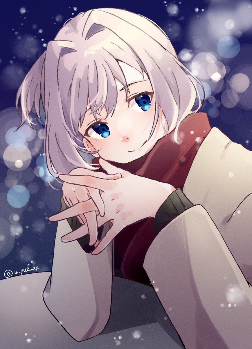 1girl solo blue eyes scarf red scarf smile looking at viewer  illustration images