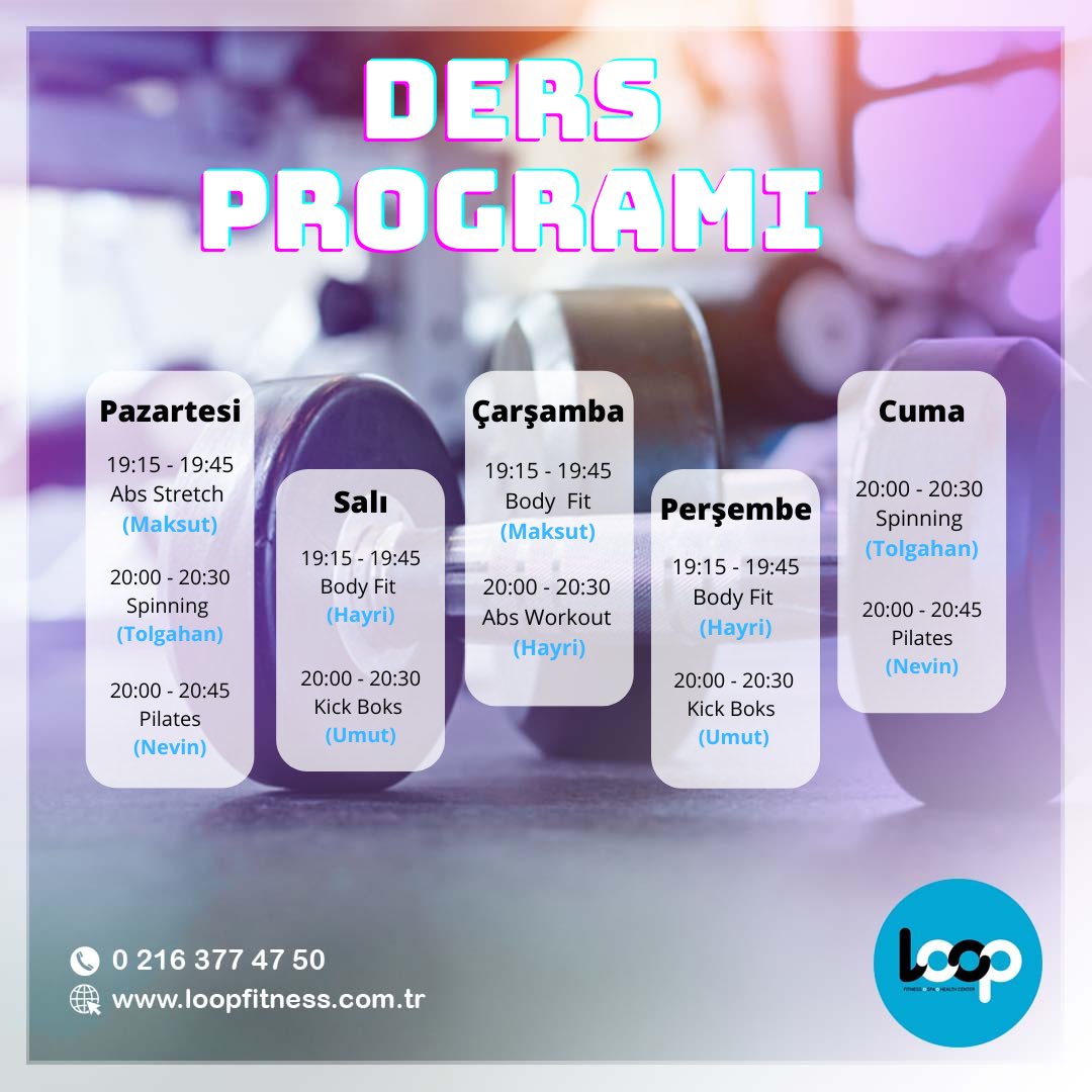 Loop’ta bahane yok! Herkese göre ders var! Haftalık ders programımız yayında.

Detaylı bilgi için bize ulaşın.⠀⠀
 ☎ 0 (216) 377 47 50
🌐 loopfitness.com.tr
 
#loopfitnessspa #fitness #pilates #yüzme #havuz #boks #spa #masaj #terapi #okul #eğitim #kışspor #spinning
