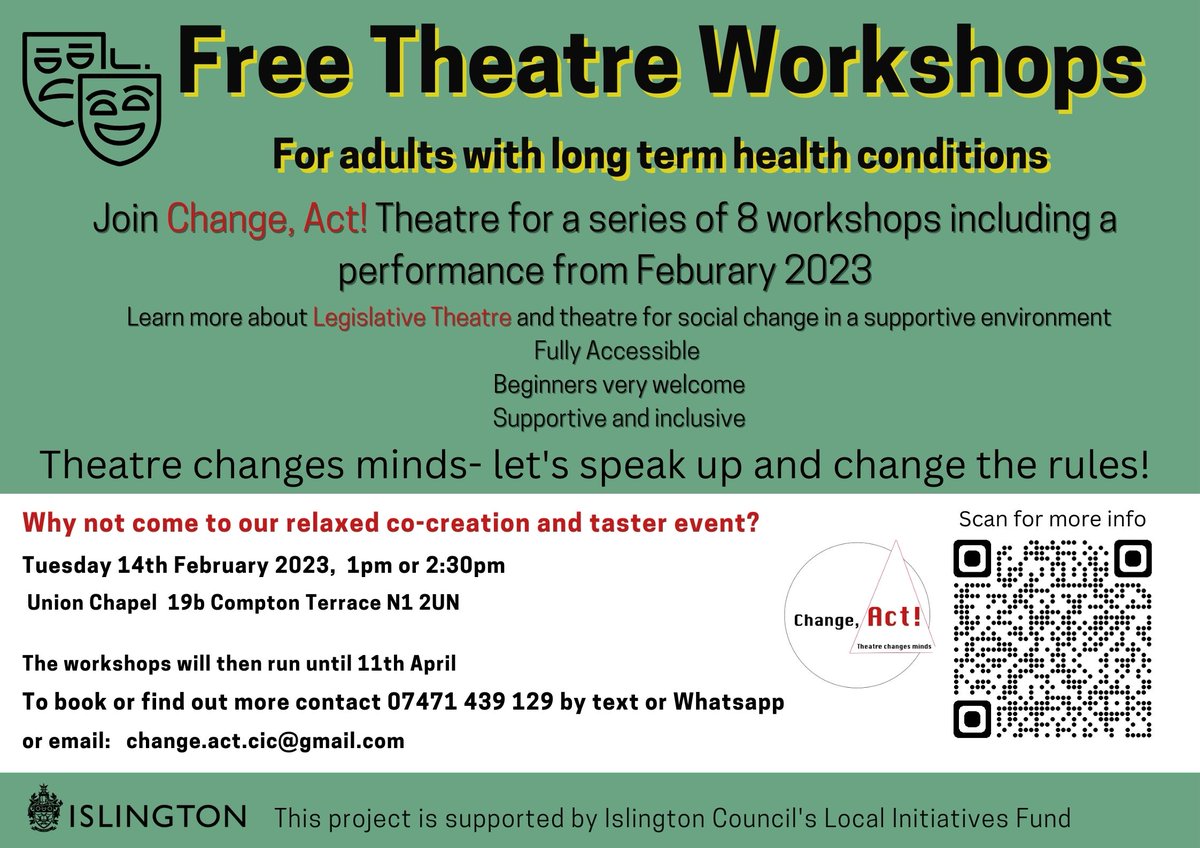 On February 14th  we will be running 2 open #cocreation days @UnionChapelUK  for our FREE #legislativetheatre project running from February- April 2023 for adults in #Islington with Long Term Health Conditions.
Do share with people who might be interested!
#appliedtheatre