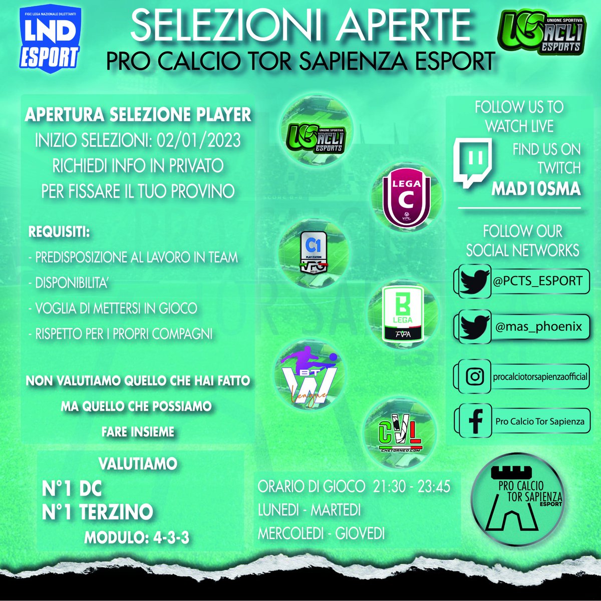 🔍| Mercato invernale #PS5
🟢 TERZINO
🟡 DC

Valutiamo comunque anche altre posizioni se interessati e motivati

📩| Info DM
 
#eSports #Proclub #FIFA23   
#ProClubItalia

🔄 
<a href="/tanadelproclub/">La Tana del ProClub</a>
 
<a href="/BocaRetwitt/">BocaRT</a> <a href="/Tutto_ProClub/">Tutto ProClub</a> <a href="/PROCLUB_ITALY/">PROCLUB_MERCATO</a>