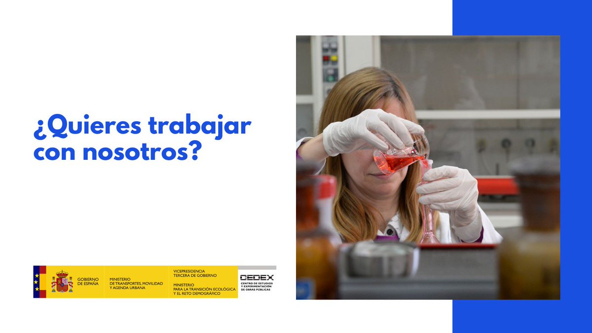 ¿Quieres trabajar con nosotros?
Se han convocado 5 nuevas plazas para el CEDEX en la Escala de Titulados de Escuelas Técnicas de Grado Medio de MITMA.
