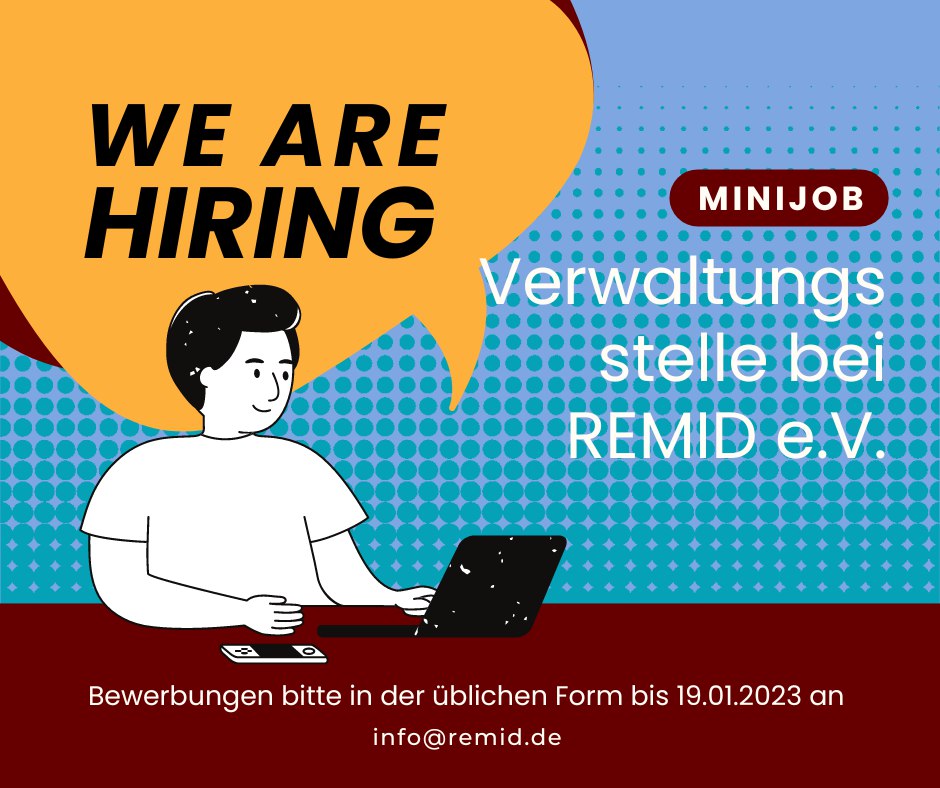 Ein frohes neues Jahr!REMID hat eine #Verwaltungsstelle als #Minijob anzubieten. Flexible Arbeitszeit in Heimarbeit. 
👉210 Euro im Monat (netto)
👉bei durchschnittlich 3,5 h/ Woche (Minijob)Wir freuen uns über eure Bewerbungen.😀

remid.de/ausschreibung-…