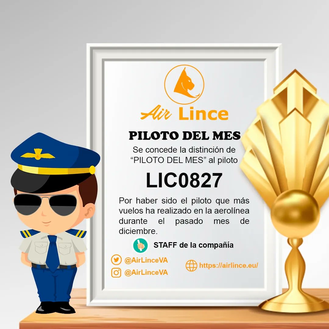 AirLinceVA's tweet photo. 📊 Como todos los meses os dejamos las estadísticas, así como el premio al piloto del pasado mes.
Enhorabuena a todos los pilotos por continuar haciendo que Air Lince VA crezca, ¡A por un nuevo año con ganas!
#SomosLinces #AirSimulation #MSFS2020 #Xplane #Simulation #IVAO https://t.co/bKcSBHeGst