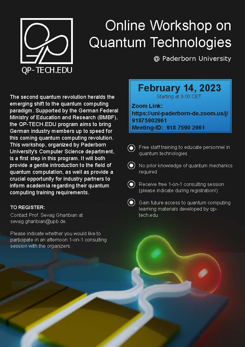 Frohes Neues! 🎆

🗓️Gleich zu Jahresbeginn haben wir einen #Termintipp für euch:

Das Projekt #qptechedu organisiert einen Workshop zum Thema #Quantumcomputing für Industriepartner. Neben einer Einführung ins Thema können die Teilnehmenden ihre eigenen Bedarfe adressieren.

👇