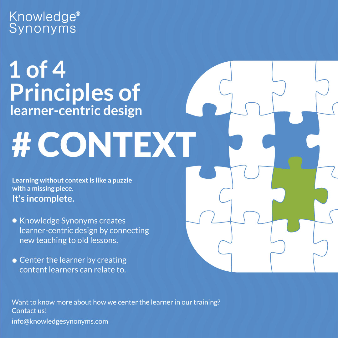 KSynonyms's tweet photo. Want to build learner-centric elearnings but not sure where to begin? Look forward to our learner-centric design series where we discuss the four principles of LCD.
This post is all about context! Share your thoughts below.
#Context #Learnercentricdesign #Traininganddevelopmenent https://t.co/42osNubsny