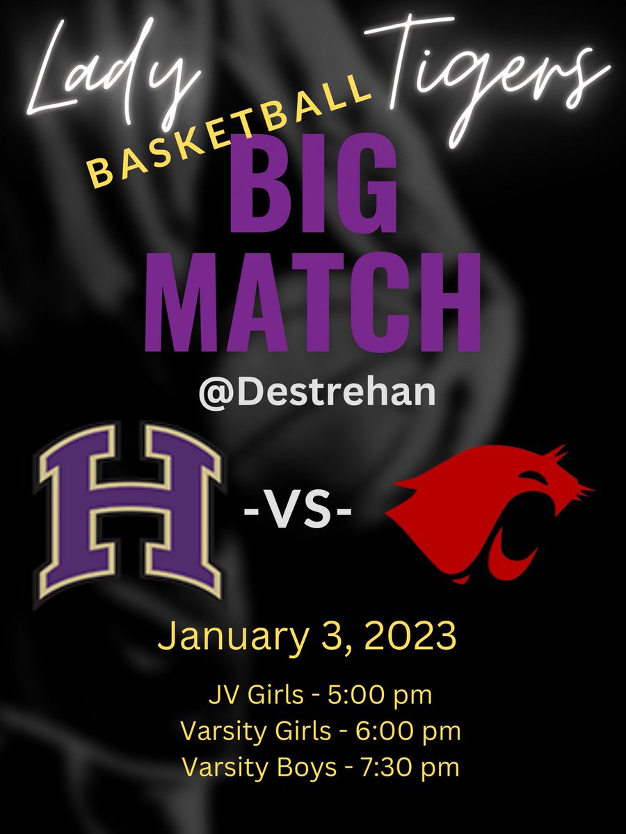 Hahnville Women’s Basketball (@hahnvilleltb) on Twitter photo Come out and support!! The Lady Tigers of Hahnville take on the Destrehan Lady Cats Tuesday, January 3rd. <a href="/Destrehan/">Earl Maugham</a>. It will be a game you don’t want to miss. 1Hundred% <a href="/HahnvilleMensBb/">HAHNVILLE Men’s 🏀</a> <a href="/hahnvillesports/">Hahnville Athletics</a> <a href="/drasmith10/">Arrianna</a> Come out and support!! The Lady Tigers of Hahnville take on the Destrehan Lady Cats Tuesday, January 3rd. <a href="/Destrehan/">Earl Maugham</a>. It will be a game you don’t want to miss. 1Hundred% <a href="/HahnvilleMensBb/">HAHNVILLE Men’s 🏀</a> <a href="/hahnvillesports/">Hahnville Athletics</a> <a href="/drasmith10/">Arrianna</a>