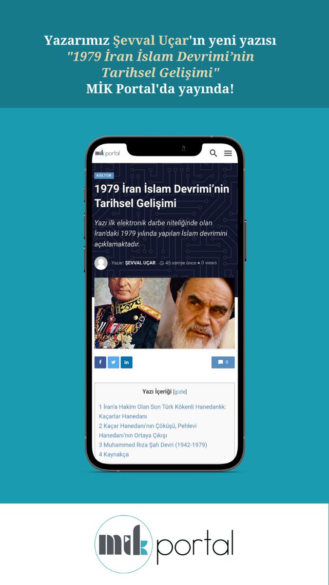 miktau's tweet photo. Yazarımız Şevval Uçar’ın kaleme aldığı yeni yazısı MİK Portal’da yayında! 

 “1979 İran İslam Devrimi’nin Tarihsel Gelişimi” başlıklı yazıya aşağıdaki linkten ulaşabilirsiniz.

https://t.co/B9hFw44PyI https://t.co/rGMge1uKl7