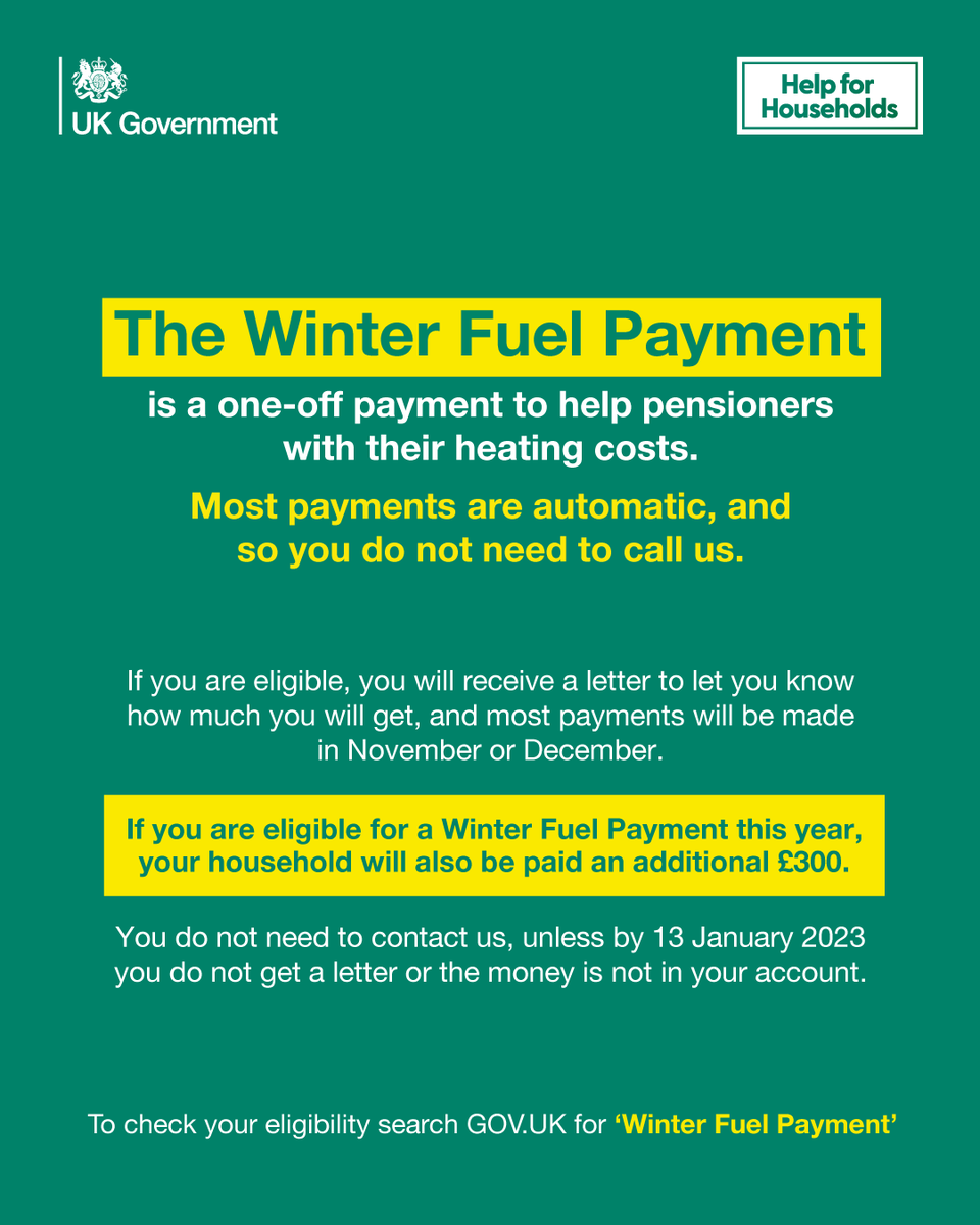 If you are eligible for the #WinterFuelPayment most payments are automatic. You don't need to call us unless the money is not in your account by 13 Jan 2023.

Eligible households will be paid an additional £300, part of the government's #HelpForHouseholds

ow.ly/YnvI50LV18a