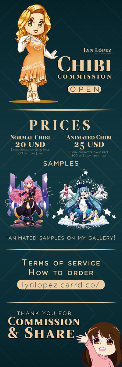 So happy to announce
CHIBI COMMISIONS OPEN🌟

Starting this year with all, finally im happy to open commisions 😍 chibis for the moment. If you want to support my art, buy a little chibi 🥺 or share this post with friends 👍

THANKS FOR THE SUPPORT 💪❤️
lynlopez.carrd.co