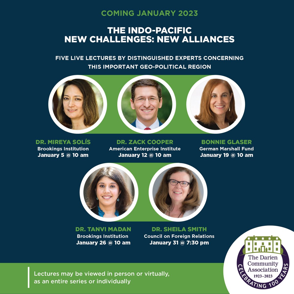 Do you know what region includes 3 nuclear states, 4 of the world's largest militaries, and more than half the world's population? We are privileged to have 5 experts come to Darien starting THIS WEEK to discuss the Indo-Pacific! Join us: bit.ly/3X3L1Hh