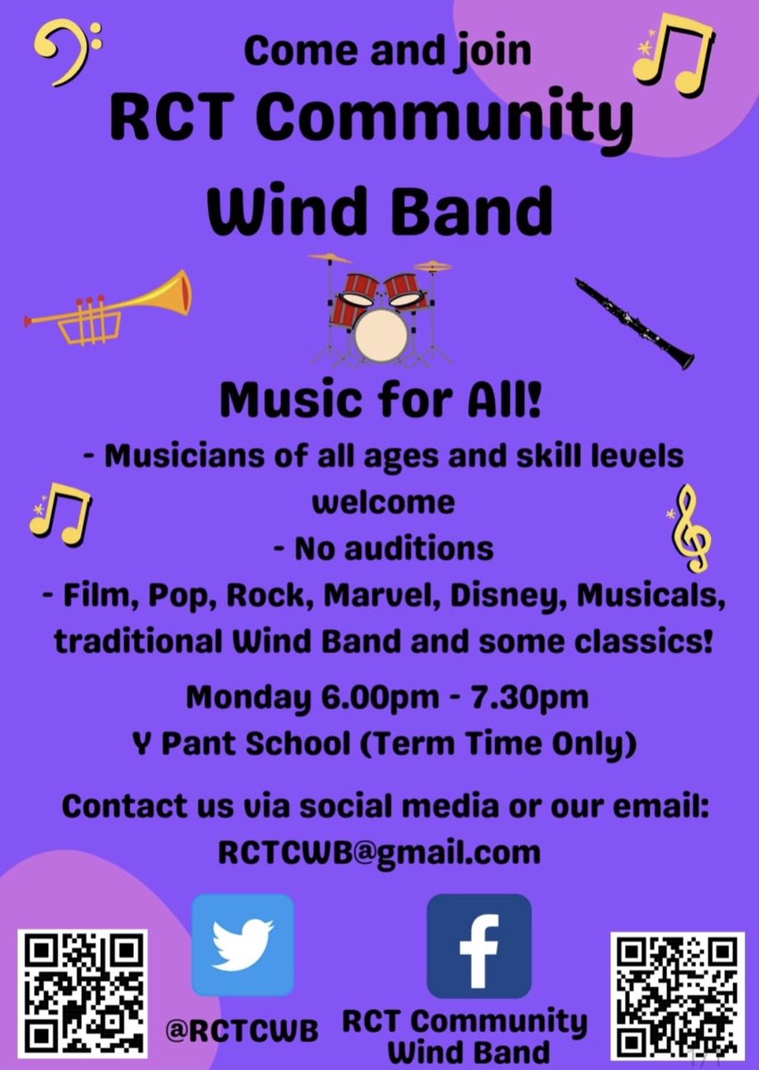 Happy new year all! If you haven't played in a while, feeling a little rusty or would just like to play with a fun community band why not join us for 2023! Rehearsals resume at 6pm Monday 9th January at Y Pant School. 🎶🎼🥁🎤🎹🎸🎷🎺
