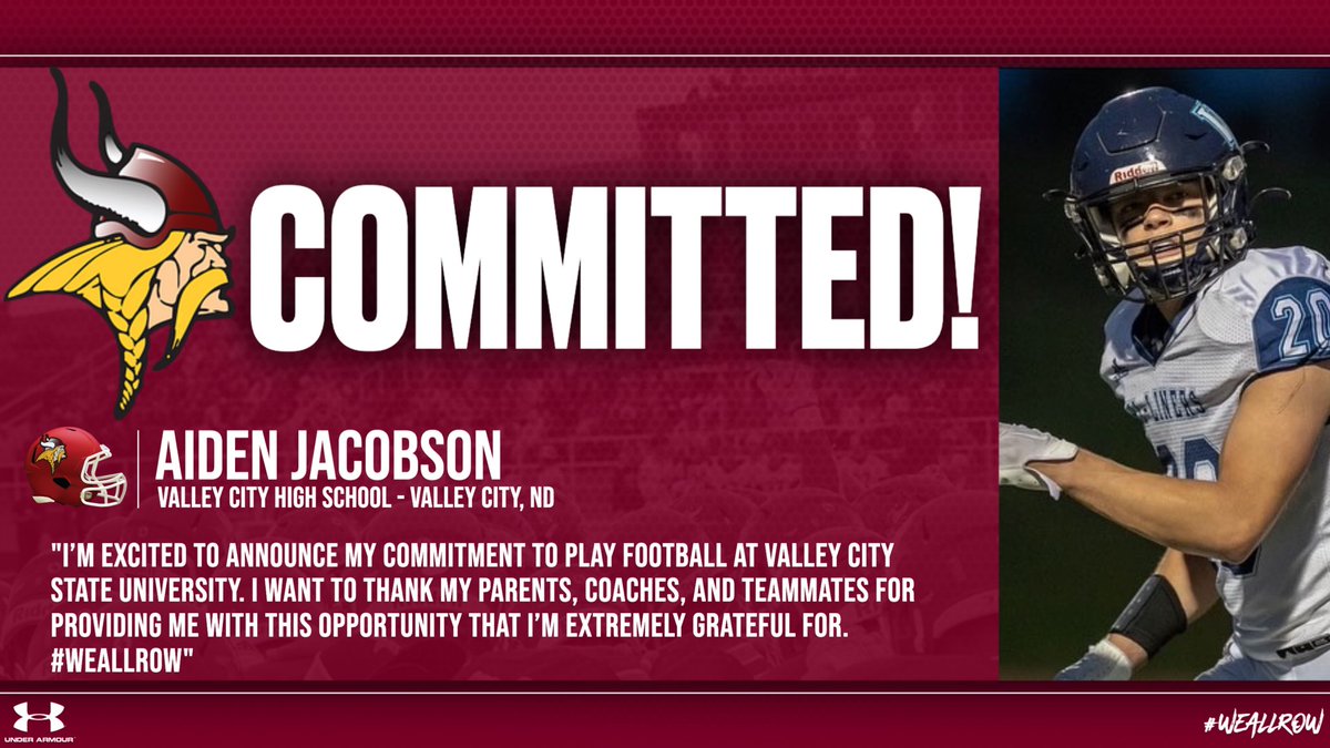 Aiden Jacobson (@jacobson_aiden3) on Twitter photo Extremely excited to announce my commitment to VCSU to continue my athletic and academic career. Thanks to <a href="/GreggHorner/">Gregg Horner</a> <a href="/VCSU_CoachMac/">Dennis McCulloch</a> <a href="/TheCoachBouma/">Brandon Bouma</a> and <a href="/VCSU_Football/">VCSU Football</a> for the opportunity #WEALLROW Extremely excited to announce my commitment to VCSU to continue my athletic and academic career. Thanks to <a href="/GreggHorner/">Gregg Horner</a> <a href="/VCSU_CoachMac/">Dennis McCulloch</a> <a href="/TheCoachBouma/">Brandon Bouma</a> and <a href="/VCSU_Football/">VCSU Football</a> for the opportunity #WEALLROW