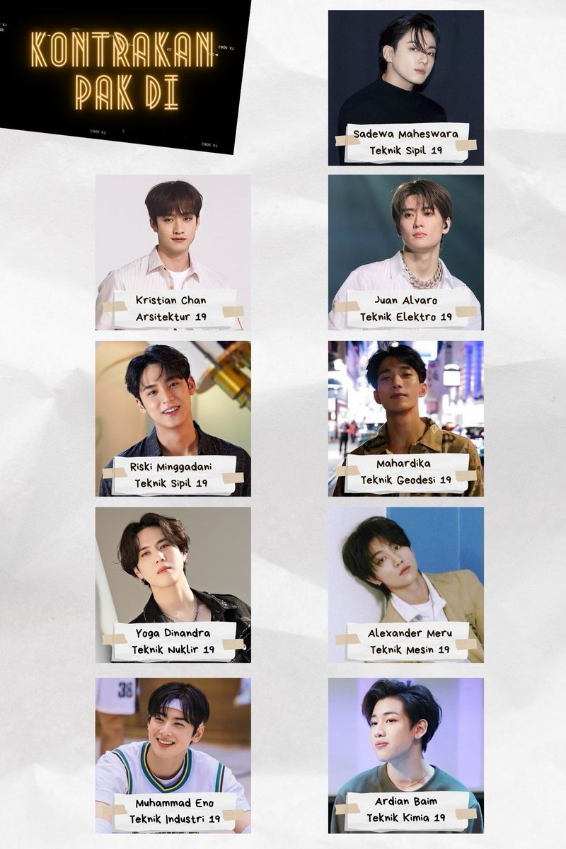 "KONTRAKAN PAK DI"

"Untuk rumah dengan berbagai isi kepala di dalamnya"

"Meski berbeda orangtua, kita tetap keluarga selamanya." 
----------------

97 line lokal au
Jungkook Jaehyun Bangchan Mingyu Dokyeom Yugyeom Minghao Eunwoo Bambam lokal au