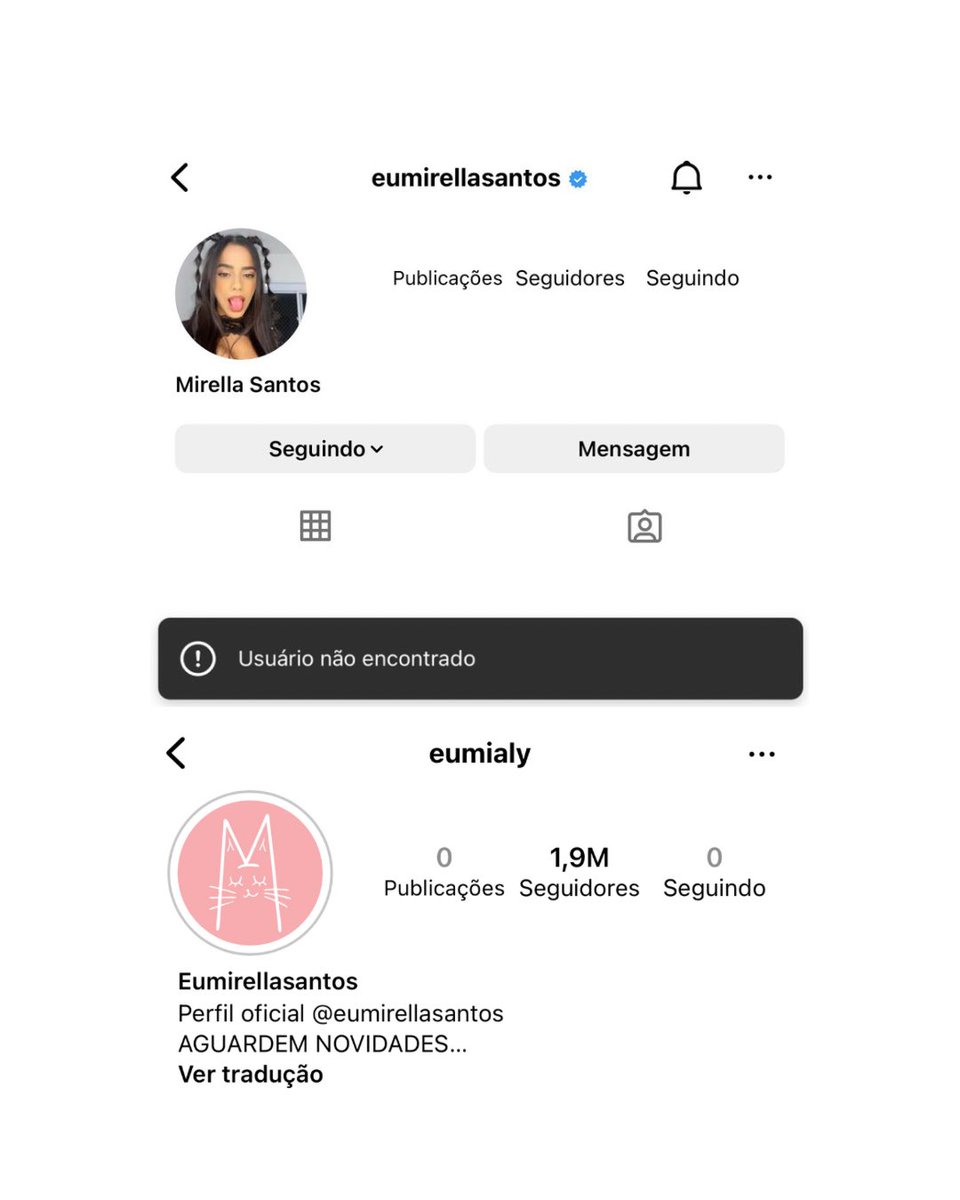 🚨 GENTE? Além de sua conta oficial, o Instagram também acaba de derrubar a conta secundária de Mirella Santos.