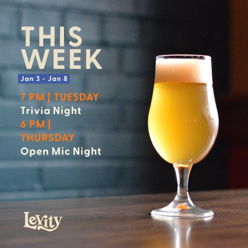👉 This Week @ Levity #IndianaPA
TUE | 7 pm | Trivia Night
THURS | 6 pm | Open Mic Night

#ThisWeek #LevityBrewing #TriviaNight #LiveMusic
