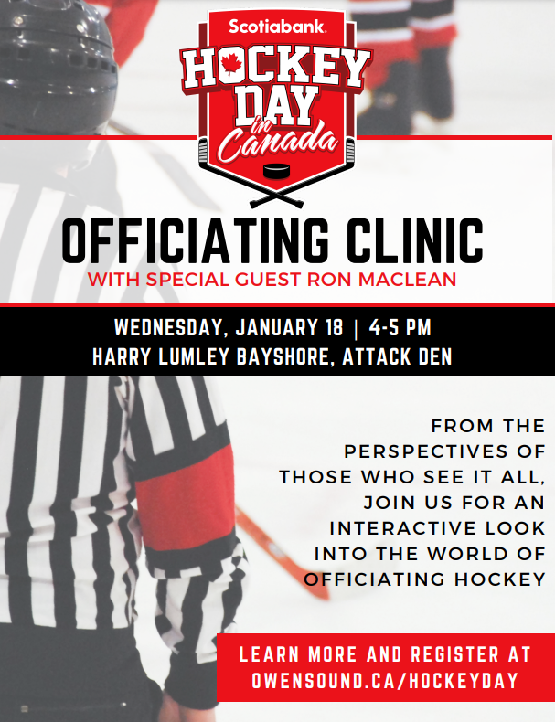 BayshoreFred's tweet photo. The @scotiabank #HockeyDay @CityOwenSound Officiating Clinic w @Ron_MacLean is Jan 18th. 1 hr @ BayshoreCC #AttackDen from 4-5 pm
Local refs &amp; Minor Hky players ( Boy-Girl 14+ ) interested are encouraged to register.
Visit https://t.co/fVypMpaqwJ or call K McArthur 519-270-6510. https://t.co/lMr947Bj50